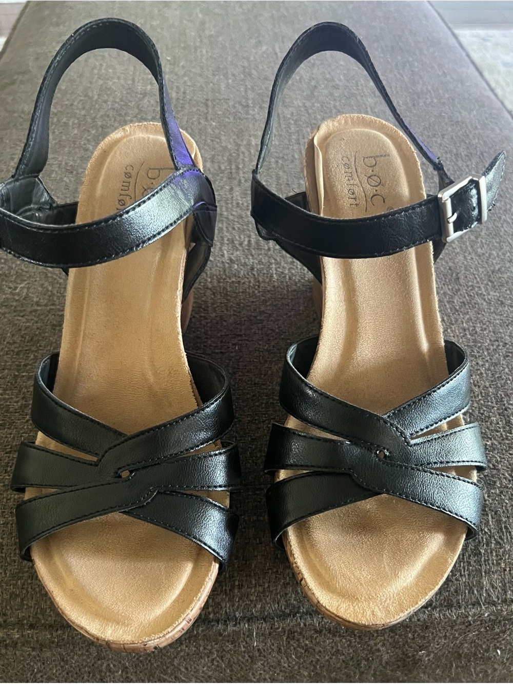 Black Cork Wedge Sandals - Women's Strappy Comfort Heels 10